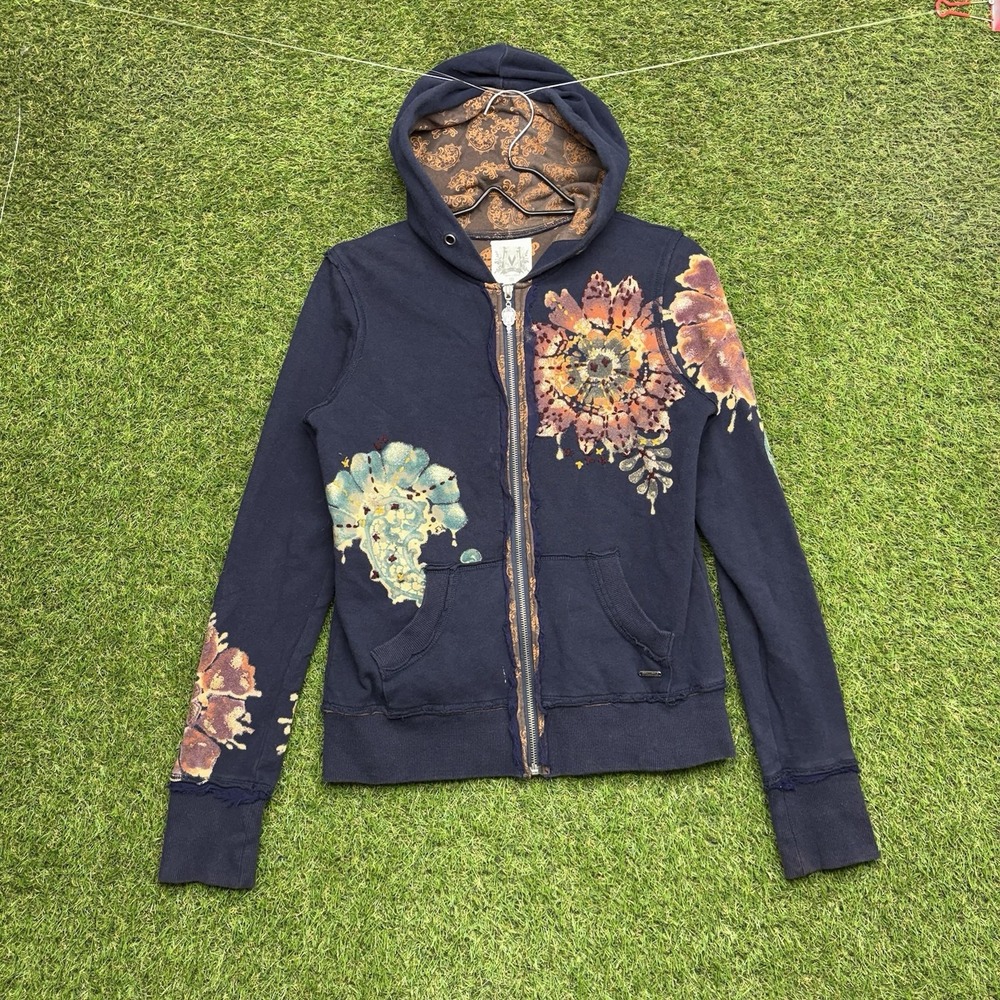 Miss Me Hoodie Womens Medium Blue Full Zip Tie Dye y2k Slim Fit Floral Buckle